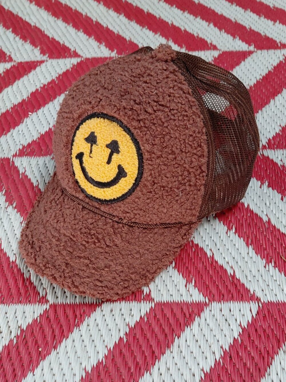 Happy Caps Double Blind Sherpa Trucker Hat - smiley face trucker baseball cap